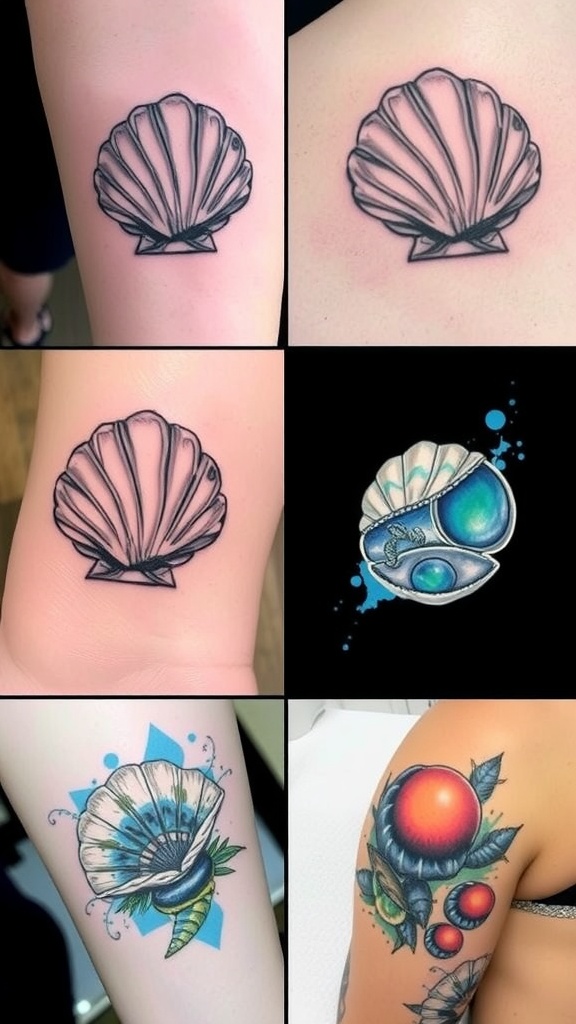 A variety of clam tattoo designs, including realistic and watercolor styles, on a textured paper background.